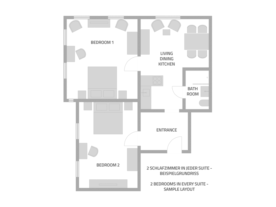 Grundriss einer Apartment Suite mit zwei getrennten Schlafzimmern