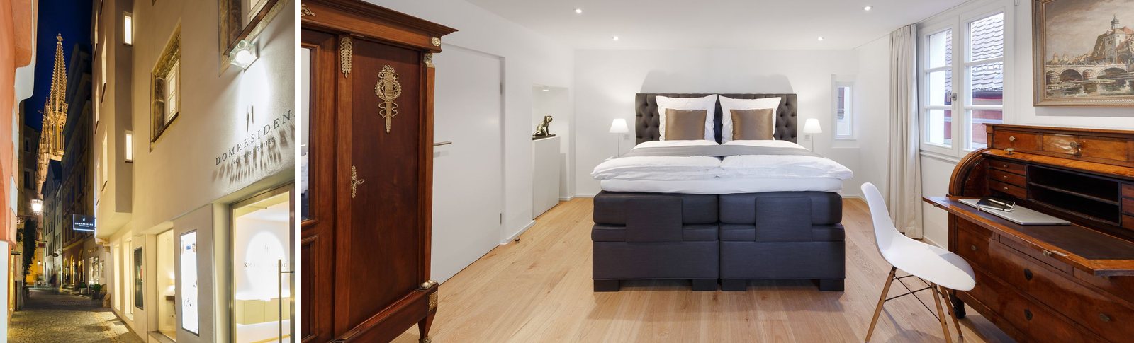 Domresidenz Regensburg – Eingang in der Kramgasse mit Blick zum Dom und Schlafzimmer einer Apartment Suite